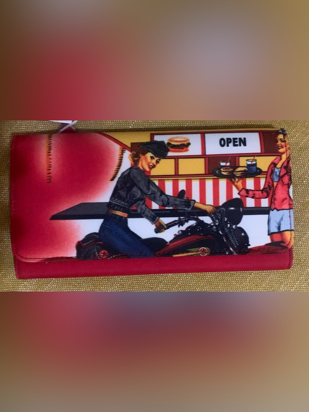 Vintage Motorcycle Print Red Women's Wallet Clutch